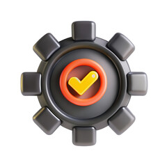 Poster - This image showcases a 3D rendered gear icon featuring a central checkmark, ideal for illustrating concepts like settings or confirmations.