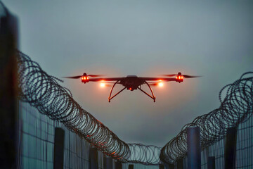 A drone equipped with lights monitors a barbed wire border under a dramatic sky, emphasizing security and surveillance efforts at dusk