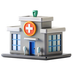 Poster - A vibrant, cartoon-style hospital building model featuring large windows, a red cross symbol, and surrounding trees, ideal for children's educational material.
