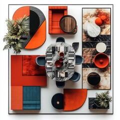 Poster - Creative dining room top view 3D render featuring an artinspired table geometric dcor bold colors and modern furniture isolated floor plan on a clean white background