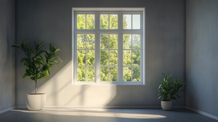 Poster - Window in a vacant apartment room illuminating the space Interior design arrangement featuring minimal furnishings and ample copy space