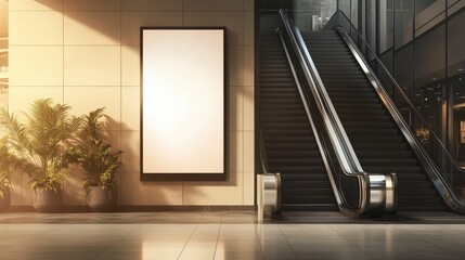 Poster - Blank showcase billboard or illuminated light box for displaying text messages or media content situated in front of an escalator in a contemporary retail environment