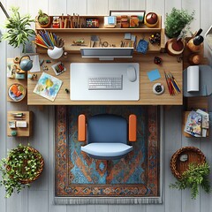 Fototapete - Creative home office with an art desk ergonomic drafting chair and colorful paintbrushes top view 3D render detailed floor plan isolated on clean white background