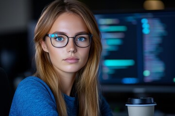 Woman with long brown hair and bright smile. cheerful and positive mood. pretty young girl keyboard typing work computer drink coffee wear blue shirt coworking programmer successful nice light office