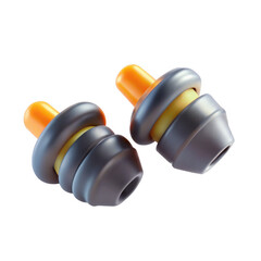 Poster - A realistic 3D rendering of earplugs, featuring a yellow and grey design. Isolated on a white background, ideal for product representation.