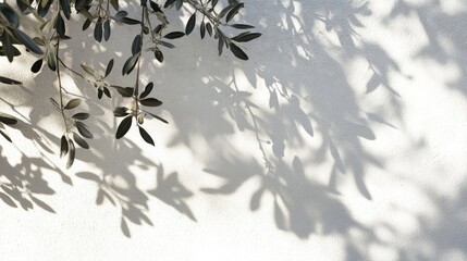 Poster - Shadows of olive tree leaves and branches cast on a white wall creating a sunny background with ample empty space for Mediterranean themed designs