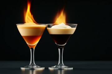 Two martini glasses with a flame on top of them. The glasses are on a bar. Scene is warm and inviting. cream liqueur cocktails on fire, at a dark bar.