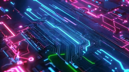 Poster - A close-up view of a futuristic circuit board with vibrant neon lights showcasing intricate designs and patterns