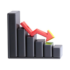 Aufkleber - A 3D rendered image of a bar chart showing a downward trend with a red arrow. The graph represents declining values in a visually striking manner.