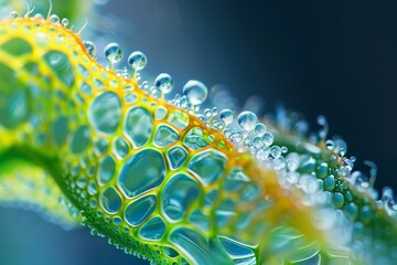 Poster - Close up view of a green leaf with water droplets creating a mesmerizing texture