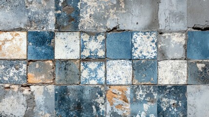 Poster - Weathered blue vintage patchwork tiles on a textured stone and cement wall creating a unique background panorama