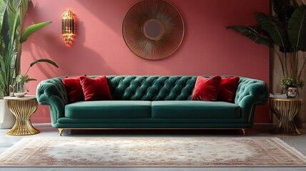Poster - Luxurious lounge with a dark green velvet couch goldaccented side tables plush creamcolored rugs and soft pink walls the room illuminated by modern chandelier lighting