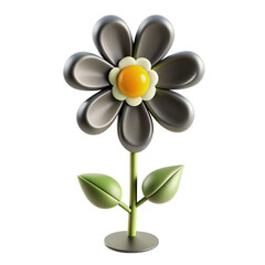 Poster - A modern rendering of a flower featuring a dark petal design with a yellow center and green leaves. A playful and artistic 3D piece.