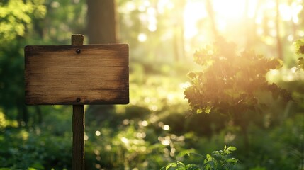 Poster - Empty wooden signs or billboards for text set against a backdrop of a blurred lush summer forest with sunlight filtering through featuring selective focus and ample copy space