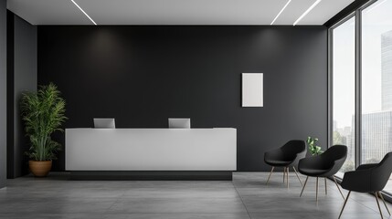 Poster - Black and white office reception area with a meeting room
