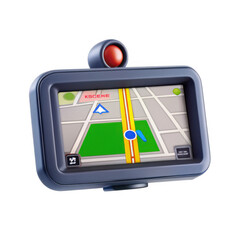 Poster - A 3D render of a car GPS navigation device displaying a map with streets and landmarks, designed in a colorful, user-friendly interface.