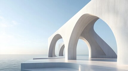 Poster - Minimalist white structure featuring curved arches Surreal architectural design