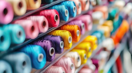 Poster - Vibrant sewing threads in a variety of colors organized in a bright textile workshop