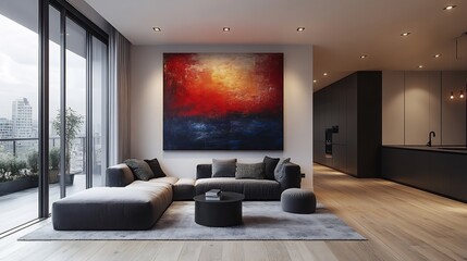 Poster - Minimalist apartment interior with a black and white color palette sleek modular furniture and a large abstract painting in vibrant red and blue adorning a white wall modern lighting fixtures