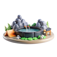 Poster - A colorful 3D render featuring a stylized garden pool surrounded by rocks, plants, and a chair, creating a serene outdoor scene.