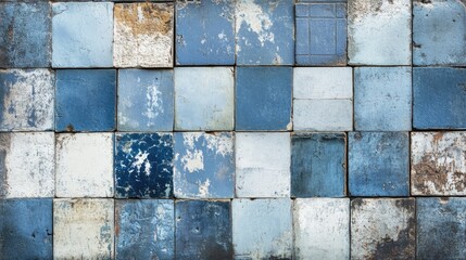 Poster - Weathered blue vintage patchwork tiles on a textured stone and cement wall creating a unique background panorama