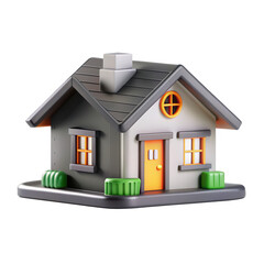 Poster - A colorful 3D rendered model of a small house on a black base, featuring orange doors and bright green details, perfect for design and presentation.