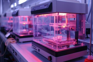 Poster - Several modern medical analyzing devices are performing a test under uv light