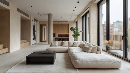 Poster - Minimalist apartment with a beige sectional black metal coffee table and whitewashed wooden floors The space features floortoceiling windows and natural lighting with a green potted plant