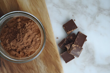 Raw cocoa powder in a glass jar rests on a wooden board next to pieces of dark chocolate, creating a rich and inviting scene for chocolate lovers