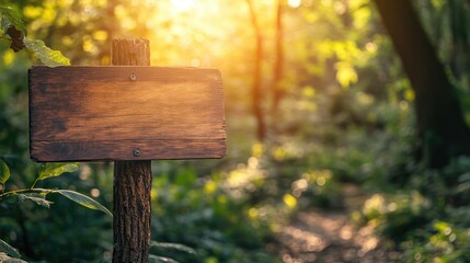 Poster - Empty wooden signs or billboards for text set against a backdrop of a blurred lush summer forest with sunlight filtering through featuring selective focus and ample copy space