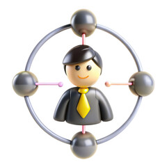 Poster - A vibrant 3D render of a stylized businessman icon surrounded by an atom structure, symbolizing innovation and creativity in business.