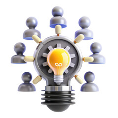 Poster - A 3D render of a light bulb surrounded by human icons, symbolizing ideas and collaboration. The design features gray icons and a bright bulb at the center.