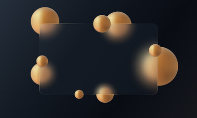 Poster - Banner made of transparent frosted glass with gold spheres on a black background. Website landing page template in glass morphism style.