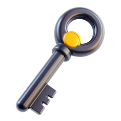 Poster - A 3D rendered black key with a circular handle and a yellow button, featuring intricate details and a modern design, isolated on a white background.