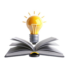Poster - A creative representation of an open book with a glowing yellow light bulb above it, symbolizing knowledge and inspiration. 3D rendered icon.