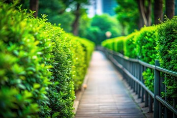 Selective focus on green bush along empty walkway