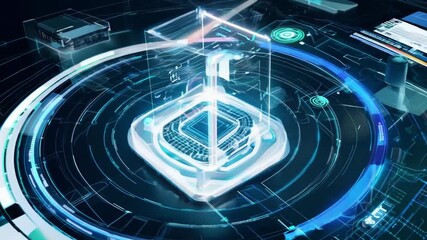 Aufkleber - Transparent cube is rotating above a futuristic cpu with digital data flowing around it. The scene is lit by blue lights and features a dark background