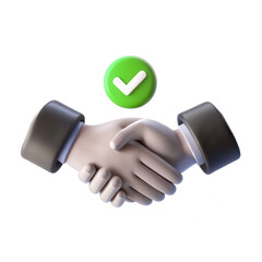 Poster - A 3D render depicting two hands engaged in a handshake, symbolizing agreement or partnership, with a green checkmark above, isolated on a black background.