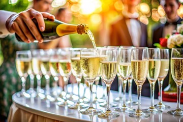 A man is pouring champagne into a row of glasses