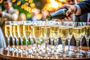 A man is pouring champagne into a row of glasses