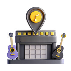 Poster - A colorful 3D render of a music venue model featuring two guitars and a musical marker, symbolizing creativity and music inspiration.
