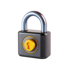 Poster - A 3D rendered image of a padlock with a shiny metal U-shaped shackle and a black body. The padlock features a round yellow keyhole, emphasizing its secure design.