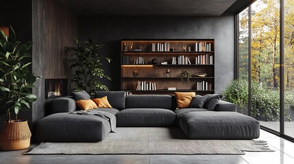 Poster - Modern minimalist apartment with a charcoal gray couch smooth concrete floors and a large blackframed window A stylish Scandinavian bookshelf simple decor and indoor plants complete the space