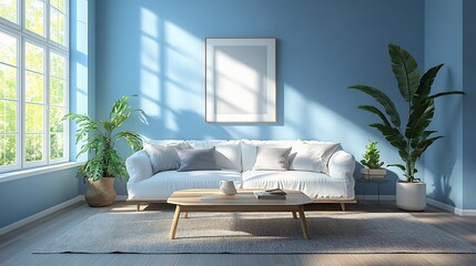 Poster - Modern Scandinavian living room with a white couch wooden coffee table and light gray rug surrounded by pastel blue walls and large windows allowing sunlight in minimalist decor