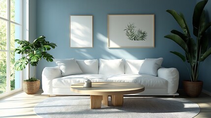 Poster - Modern Scandinavian living room with a white couch wooden coffee table and light gray rug surrounded by pastel blue walls and large windows allowing sunlight in minimalist decor