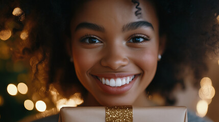 Wall Mural - Golden Moments: A Beautiful Portrait of Pure Joy as Natural Curls Frame Her Radiant Smile, The Shimmer of Her Gold-Wrapped Present Dancing with the Festive Lights Behind