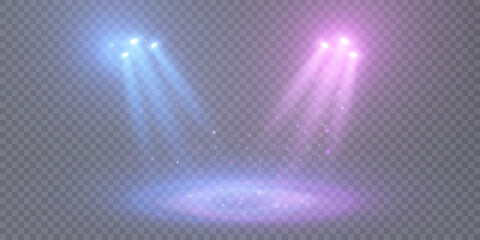 Leinwandbilder - Spotlight with bright blue and pink light glare for lighting stages and stadium podiums. Light projection studio beams for lighting concert stages, club shows. Vector