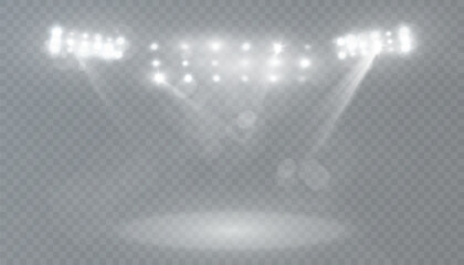 Aufkleber - Spotlight with bright white light beams and glare for lighting stages and stadium stands. Light projection studio beams for lighting concert stages, club shows. Vector