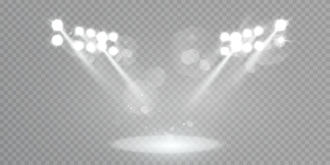 Aufkleber - Spotlight with bright white light beams and glare for lighting stages and stadium stands. Light projection studio beams for lighting concert stages, club shows. Vector