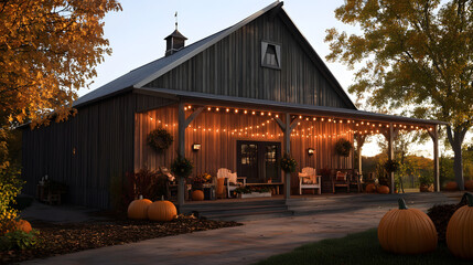 A historical harvest storage barn with vintage farming tools displayed outside, celebrating the tradition of Thanksgiving.